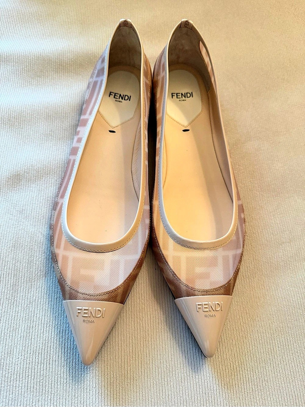 Fendi Colibrì Ballerina FF Mesh Pointed Toe Flats Pointed-Toe Logo Flats in Pink